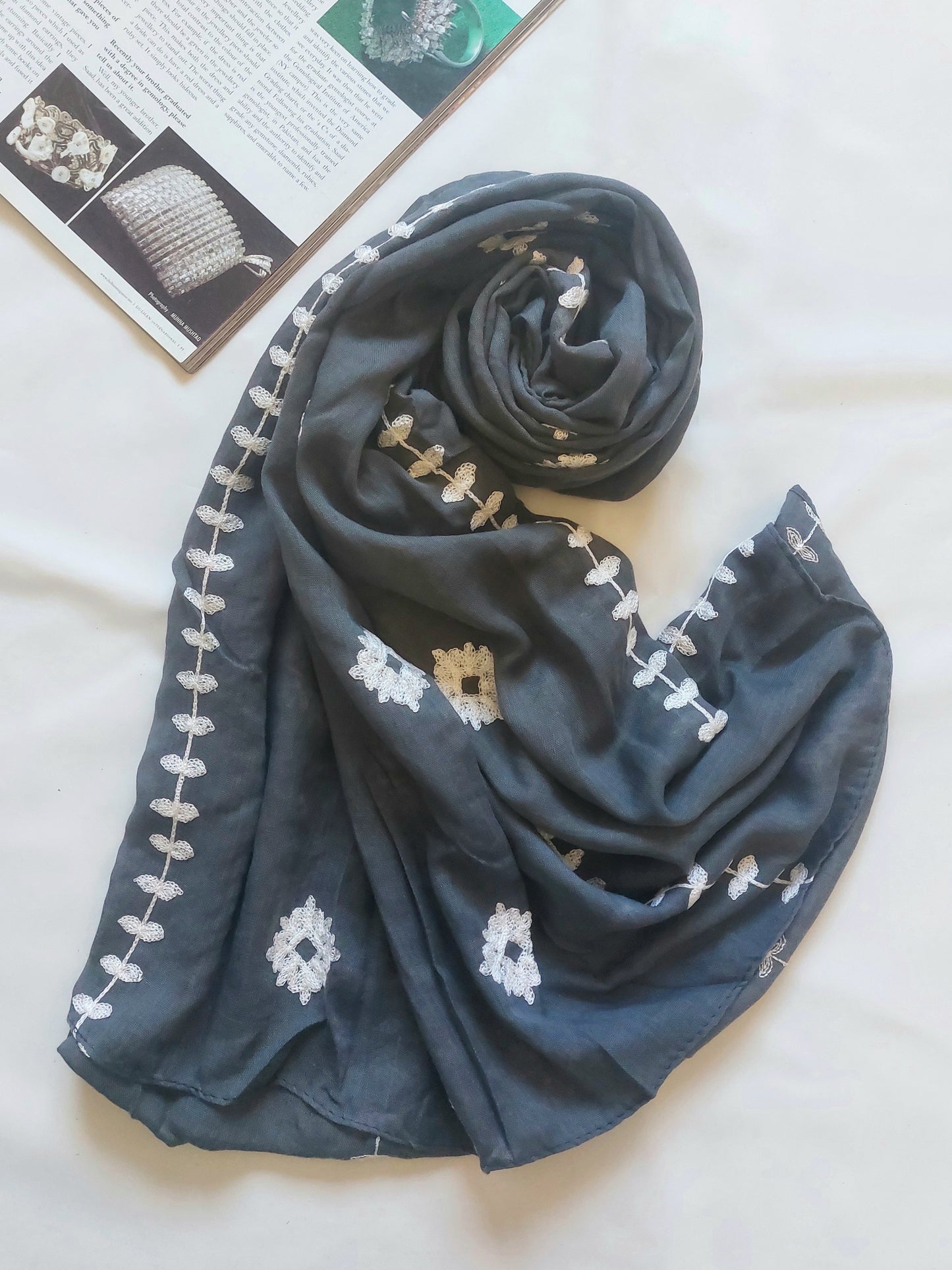 Zahra Embroidered Hijab - Charcoal