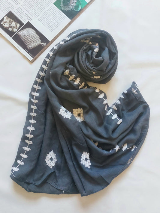 Zahra Embroidered Hijab - Charcoal